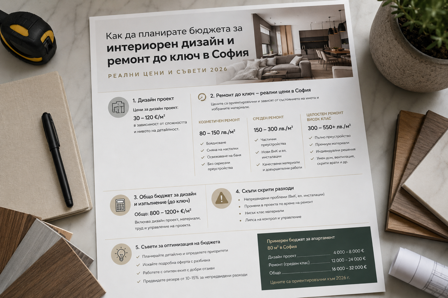 🏗️ Как да планирате бюджета за интериорен дизайн и ремонт „до ключ“ в София (2026)